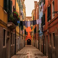 Imagen 4 — A narrow cobblestone alley in Venice with colorful