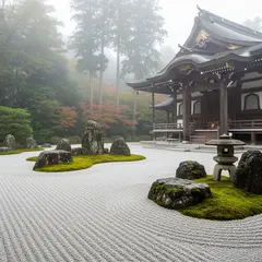 Imagen 4 — A Japanese zen garden with raked gravel, moss-cove