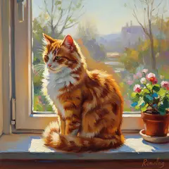 Imagen 4 — A cat sitting on a windowsill, impressionist oil p