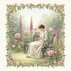 Imagen 4 — A woman reading a book in a garden, watercolor pai