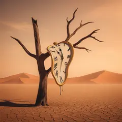 Imagen 4 — A surreal melting clock draped over a barren tree 