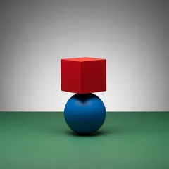 Imagen 4 — A red cube on top of a blue sphere, both sitting o