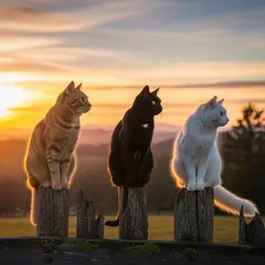 Imagen 4 — Three cats of different colors sitting in a row on