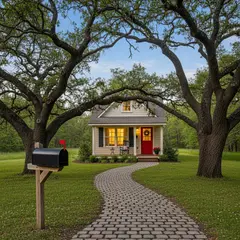 Imagen 4 — A small house between two tall trees, with a path 