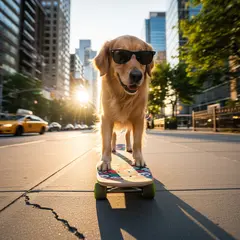 Imagen 4 — A dog wearing sunglasses riding a skateboard down 