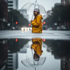 Imagen 4 — A woman holding an umbrella in the rain, reflected