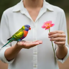 Imagen 4 — A bird perched on the left hand of a person, the r