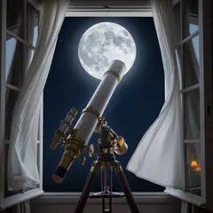 Imagen 4 — A telescope pointing at the moon through an open w