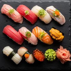 Imagen 4 — A perfectly plated sushi omakase on a black slate 