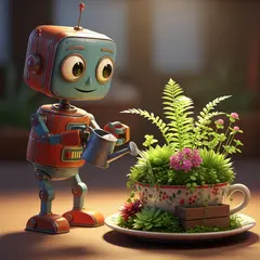 Imagen 4 — A 3D render of a cute robot watering plants in a m