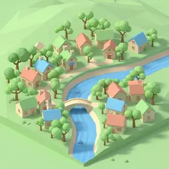 Imagen 4 — An isometric low-poly village with tiny houses, tr