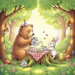 Imagen 4 — A children's book illustration of a bear and a rab
