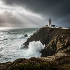 Imagen 4 — A coastal cliff with crashing waves below, lightho