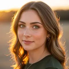 Imagen 4 — A young woman with freckles and green eyes, golden