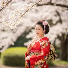 Imagen 4 — A Japanese woman in a red kimono standing under ch