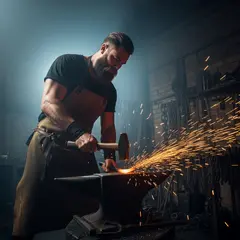 Imagen 4 — A bearded blacksmith in a dark workshop, sparks fl