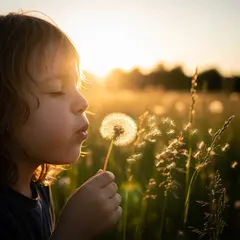 Imagen 4 — A child blowing dandelion seeds in a sunlit meadow