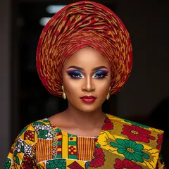 Imagen 4 — A woman with elaborate gele headwrap and bold eye 