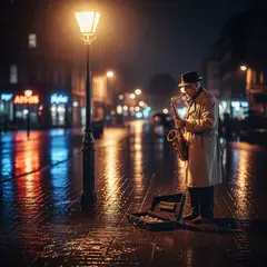 Imagen 4 — A street musician playing saxophone under a lamppo