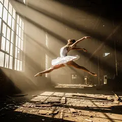 Imagen 4 — A ballet dancer mid-leap in an abandoned warehouse
