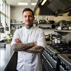 Imagen 4 — A tattooed chef in a white coat, arms crossed, con