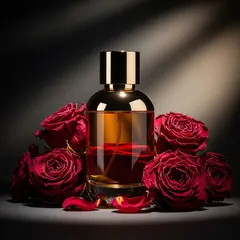 Imagen 4 — A bottle of amber perfume on a bed of dried roses,