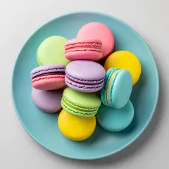 Imagen 4 — A stack of colorful macarons on a pastel blue plat