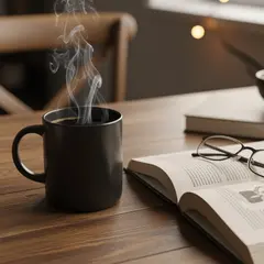 Imagen 4 — A matte black coffee mug with steam rising, placed