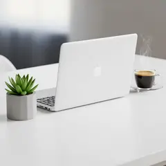 Imagen 4 — A sleek laptop on a clean white desk with a potted