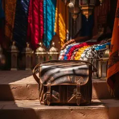 Imagen 4 — A leather messenger bag on a sun-dappled step in a