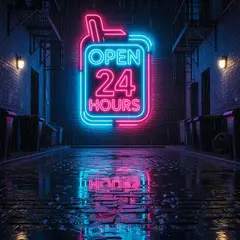 Imagen 4 — A glowing neon sign reading OPEN 24 HOURS in a dar
