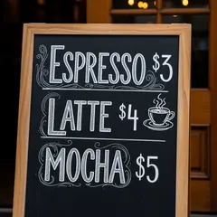 Imagen 4 — A hand-lettered chalkboard menu outside a coffee s