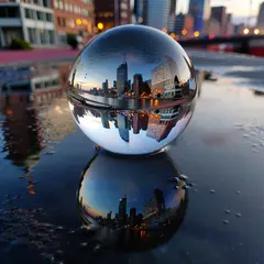 ImagineArt 1.5 — A glass sphere refracting a distorted cityscape, s