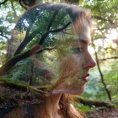 ImagineArt 1.5 — A double exposure photograph combining a forest wi