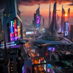 ImagineArt 1.5 — A futuristic city skyline with flying vehicles, sl
