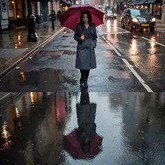 ImagineArt 1.5 — A woman holding an umbrella in the rain, reflected
