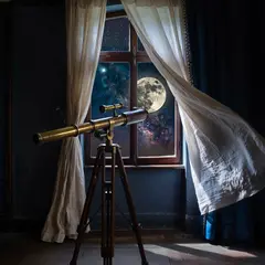 ImagineArt 1.5 — A telescope pointing at the moon through an open w