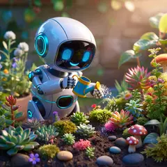 ImagineArt 1.5 — A 3D render of a cute robot watering plants in a m