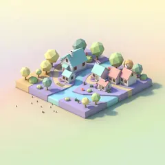 ImagineArt 1.5 — An isometric low-poly village with tiny houses, tr