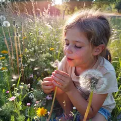 ImagineArt 1.5 — A child blowing dandelion seeds in a sunlit meadow