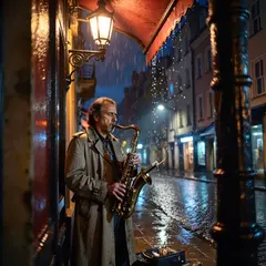 ImagineArt 1.5 — A street musician playing saxophone under a lamppo