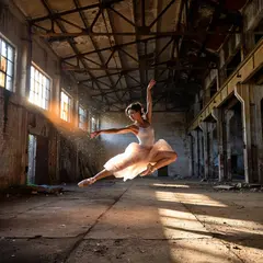 ImagineArt 1.5 — A ballet dancer mid-leap in an abandoned warehouse