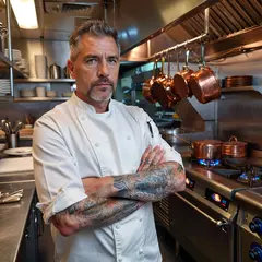 ImagineArt 1.5 — A tattooed chef in a white coat, arms crossed, con
