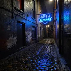 ImagineArt 1.5 — A glowing neon sign reading OPEN 24 HOURS in a dar