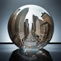 Luma Photon — A glass sphere refracting a distorted cityscape, s