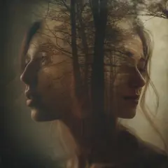 Luma Photon — A double exposure photograph combining a forest wi