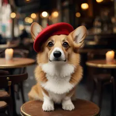Luma Photon — A corgi wearing a red beret sitting in a Parisian 