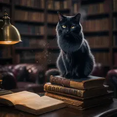 Luma Photon — A black cat sitting on a stack of old books in a c
