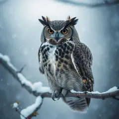 Luma Photon — An owl perched on a snow-covered branch, intense a