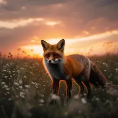 Luma Photon — A fox in a field of wildflowers, backlit by sunset